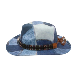 Vintage western patchwork denim cowboy hat with tribal band and leather fringe tassels