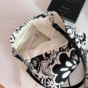 Bohemian black and white floral linen tote bag with magnetic clasp and internal pocket
