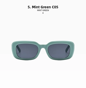 Detailed close-up of mint green rectangular sunglasses with thick acetate frames