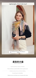 Close-up of soft cashmere-feel scarf with pastel plaid pattern and fringe details