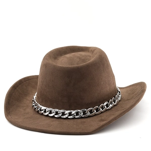 Detail of dark brown suede cowboy hat featuring a silver chain and classic curved brim