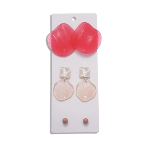 Set of 6 resin geometric earrings in pink, beige and brown on white card