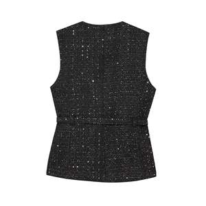 Back view of black sequin tweed vest with sleeveless cut and adjustable waist belt detail