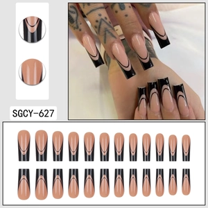 Long trapezoid press-on nails with nude base and black French tips, 24 pieces set