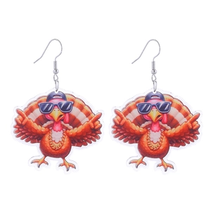 Detailed view of acrylic Thanksgiving turkey earrings with sunglasses and purple baseball caps