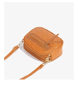Top view of brown quilted PU crossbody bag with triple gold-tone zipper pockets