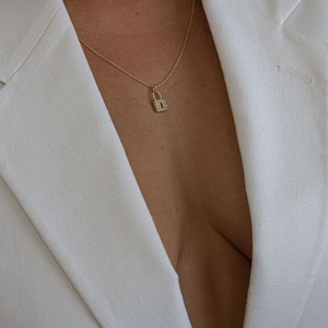 18k gold plated lock pendant necklace with cubic zirconia on a minimalist chain