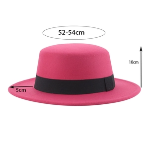 Fuchsia vintage wool felt boater hat for kids with black ribbon and flat top design