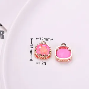 Lace mocha square pendant with pink crystal and gold metal base in 12mm and 15mm sizes