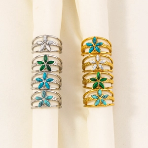 Boho Flower Adjustable Ring Stainless Steel With Imitation Stone Petal Braid Texture Vintage Retro Jewelry For Women
