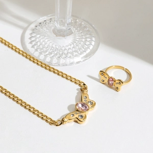 18K gold stainless steel butterfly necklace and ring set with pink zircon stones