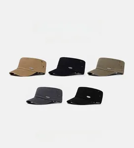 Detail view of cotton flat top military caps in khaki navy green grey and black