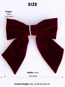 Detailed size chart for red velvet hair bow with pearls showing dimensions 16cm by 15cm