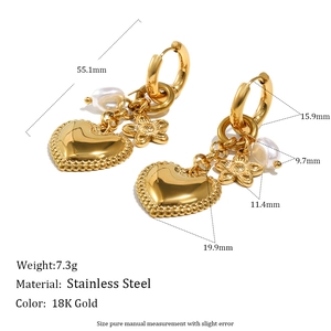 Detailed dimension guide for 18K gold stainless steel heart pearl drop earrings