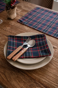 Detail of red and blue checkered placemat with vintage cutlery and pine cone decor