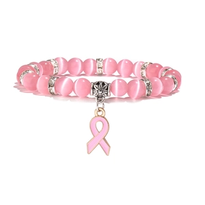 Bracelet de perles oeil de chat rose 8mm avec breloque coeur et pendentif ruban rose