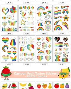 Détail de 16 tatouages pailletés avec fruits, arcs-en-ciel et oursons mignons
