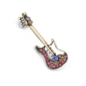 Spilla per chitarra vintage dorata con strass colorati in stile musicale cristallo