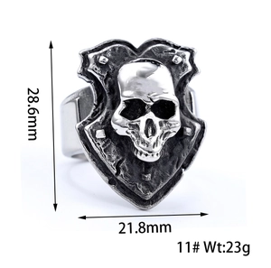 Detailed dimensions of vintage silver skull shield ring showing size 11 and weight 23g