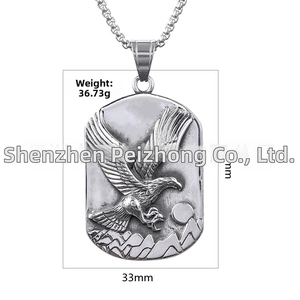 Detail of silver eagle pendant with weight and size specs on stainless steel chain
