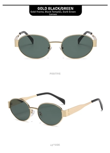 Detailed front and side views of oval sunglasses with gold frames and dark green lenses