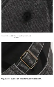 Detail view of washed grey baseball cap with breathable eyelets and metal strap buckle