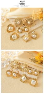Detailed tile display of five vintage gold-plated floral pearl earrings on silk