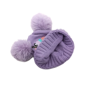 Bonnet tricoté licorne violet pour filles avec double pompons et broderie colorée