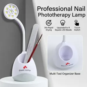 Détail d'une lampe à ongles blanche avec col flexible, 9 LED et support d'outils intégré
