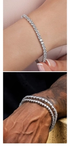 Detail showing high-quality 3mm silver tennis bracelet worn on both female and male wrists