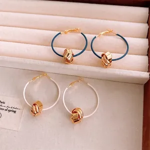 French style 18K gold plated hoop earrings with navy blue and cream twisted metal beads