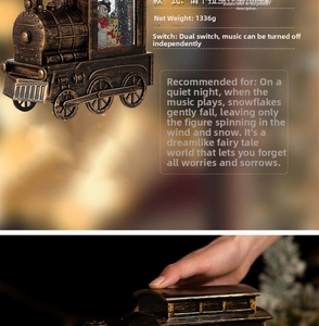 Detail of vintage Christmas train music box with dual switch and 1336g net weight info