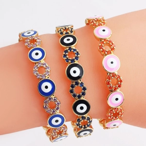 Three-piece colorful evil eye bracelets set with zircon in blue, black, and pink colors