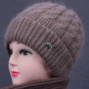 Knitted winter hood scarf combo for elderly women in coffee brown with warm fleece texture