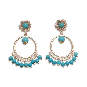 Bohemian gold tassel earrings with turquoise beads and rhinestones in ethnic style