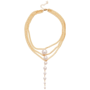 Three-layer gold-plated multilayer necklace with vertical cascading white imitation pearls