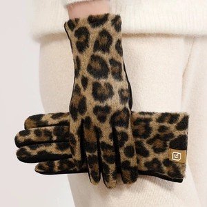 Chic leopard print suede gloves for women featuring warm plush lining and windproof cuff