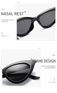 Detail view of black cat eye sunglasses showing bridge design and frame dimensions