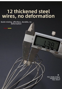 Macro detail of 12 thickened stainless steel wires showing a 1.38mm diameter on the whisk