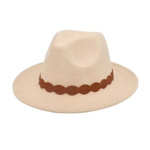 Close-up of beige fedora wool hat with a brown braided leather band and flat brim