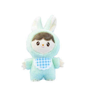 Simpatico portachiavi a forma di coniglio in peluche verde menta con grembiule blu