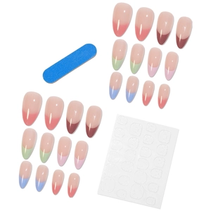 Rainbow gradient French press-on nails set with 24 almond nail tips and prep kit tools