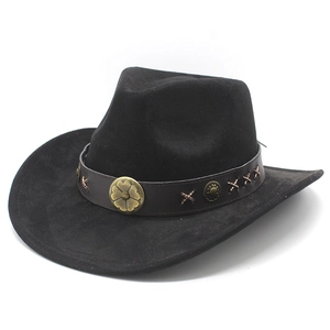 Classic black suede western cowboy hat with decorative vintage brown leather band