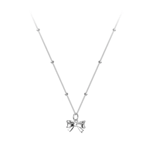 Elegant silver station chain necklace with a polished 3D bow pendant for women