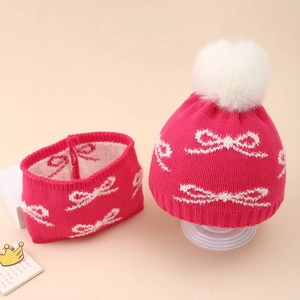 Baby Knit Hat And Neck Warmer Acrylic Jacquard Bow Pattern Faux Fur Pom Pom Thermal Winter Infant Toddler Accessories