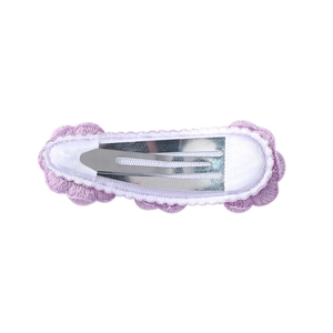 Back view of light purple knit daisy hair clip with silver metal BB snap fastener