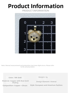 Detailed measurement of 18K gold plated bear pendant with zircons showing dimensions