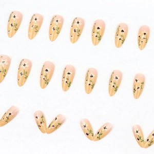 21 unghie finte a mandorla lunghe con sfumatura gialla e motivi floreali