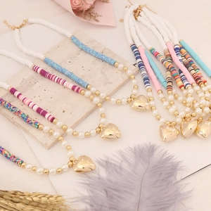 Heart Pendant Necklace With Polymer Clay Beads And Imitation Artificial Pearls Bohemian Handmade Jewelry For Women