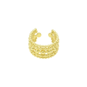 Detail of multi-layer gold-plated beaded ear cuff featuring textured metallic spheres